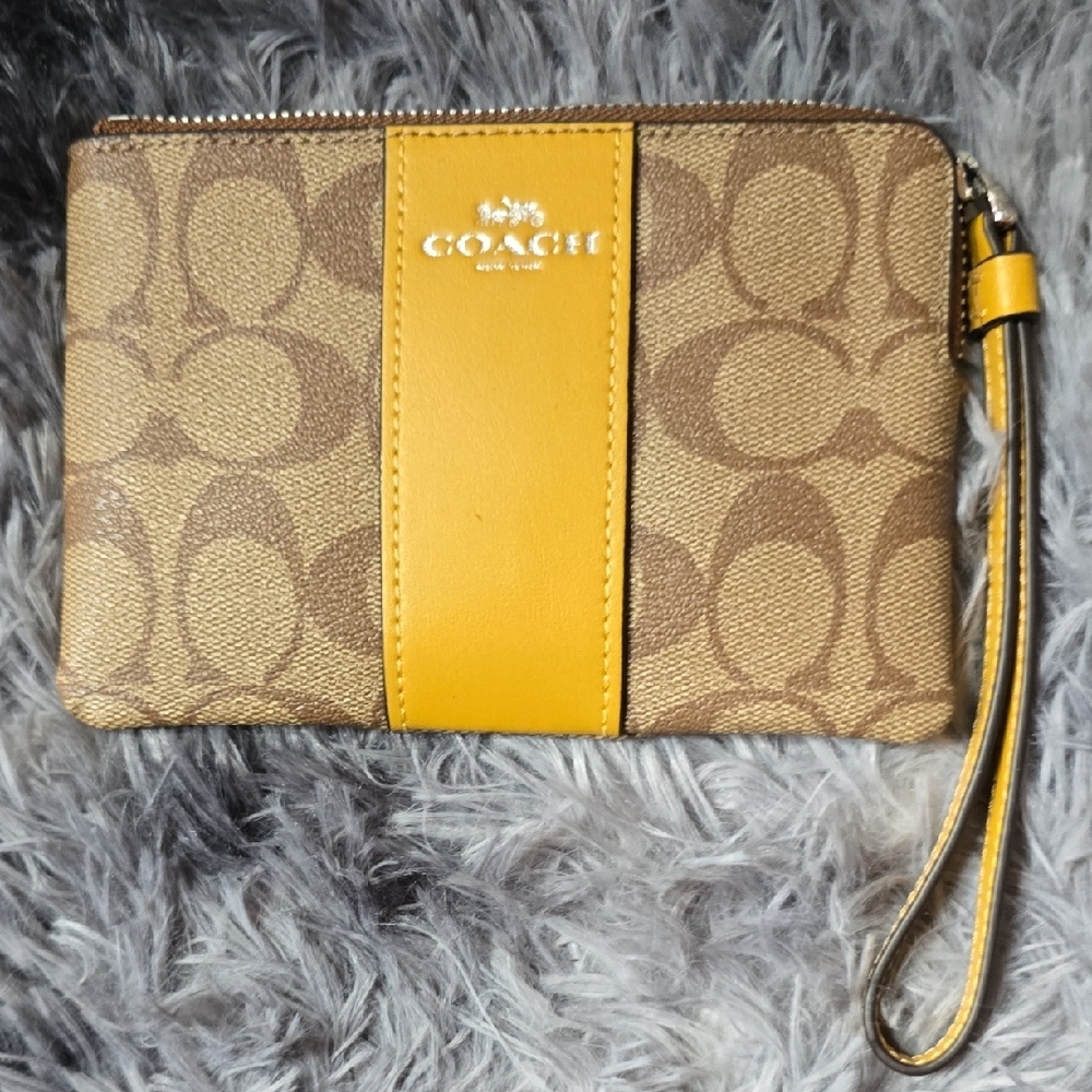 Coach Tan and Yellow Signature Wristlet